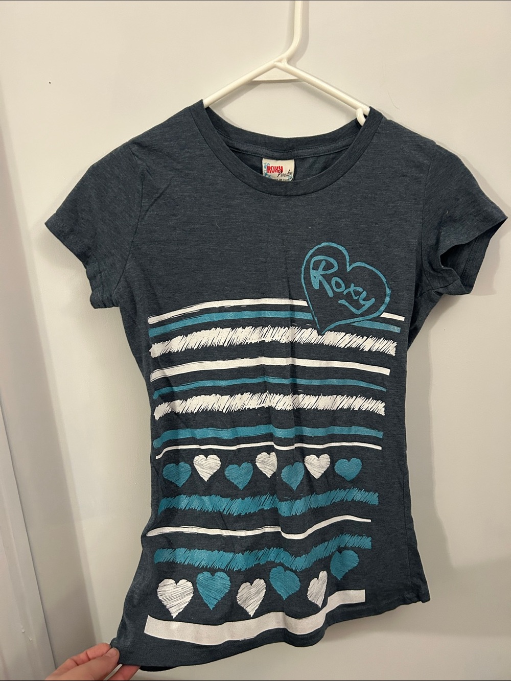 Roxy Short-Sleeve Navy Tee with Teal and White Hearts